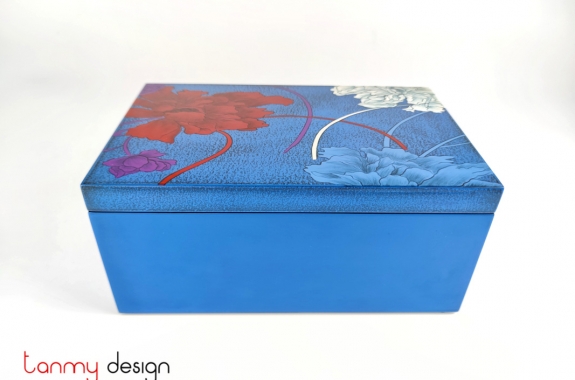 Blue rectangle lacquer box hand-painted with carnation 17x27xH13 cm